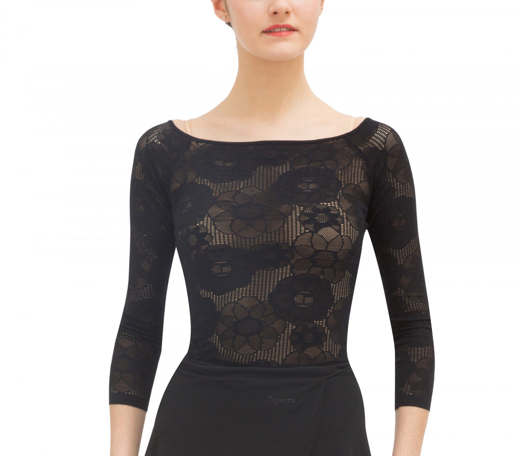 Long sleeves top in rosette lace-Black